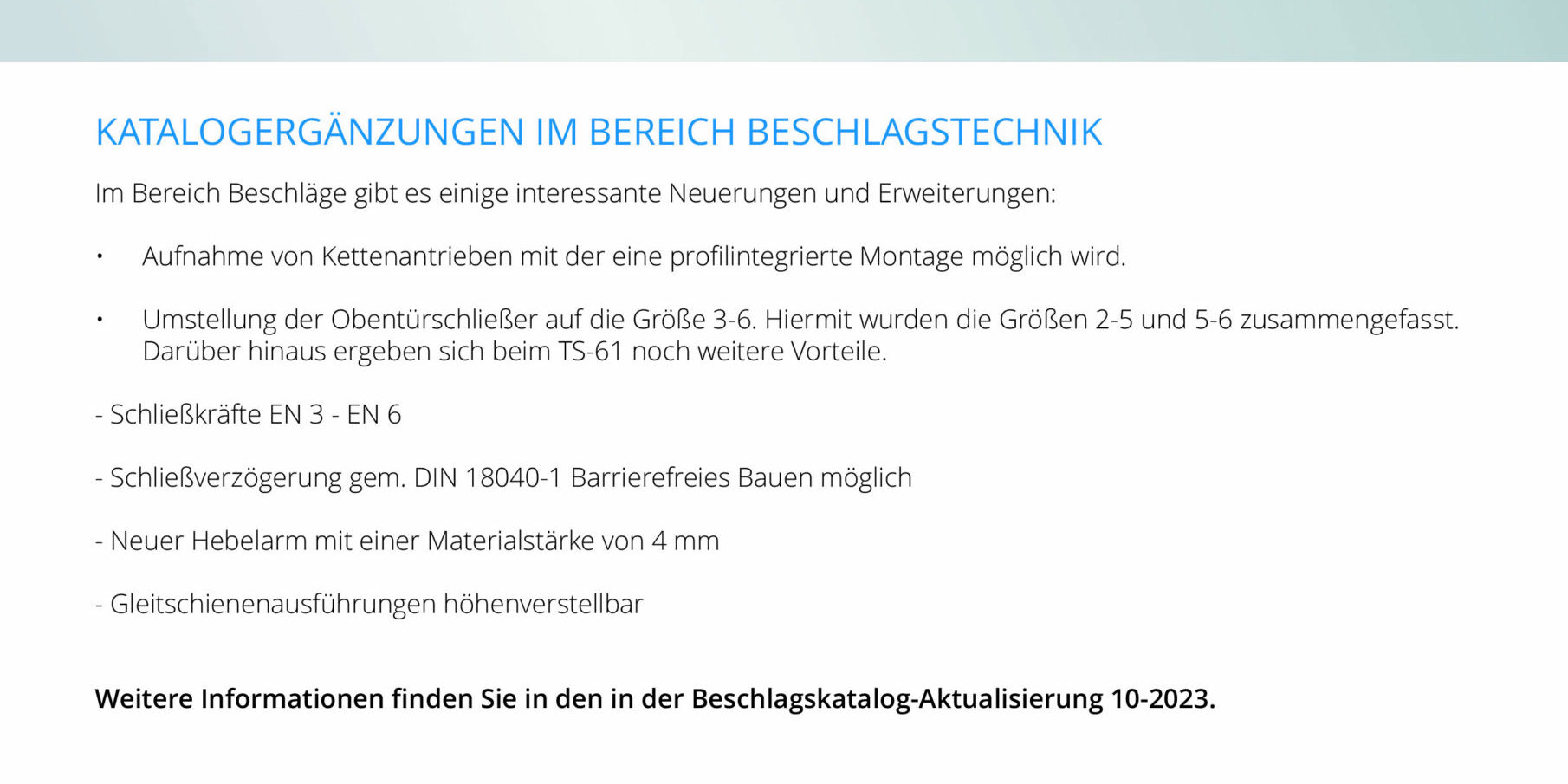 Kundeninfo Aktualisierung Bestellkatalog Beschläge für Fenster und Türen 10-2023