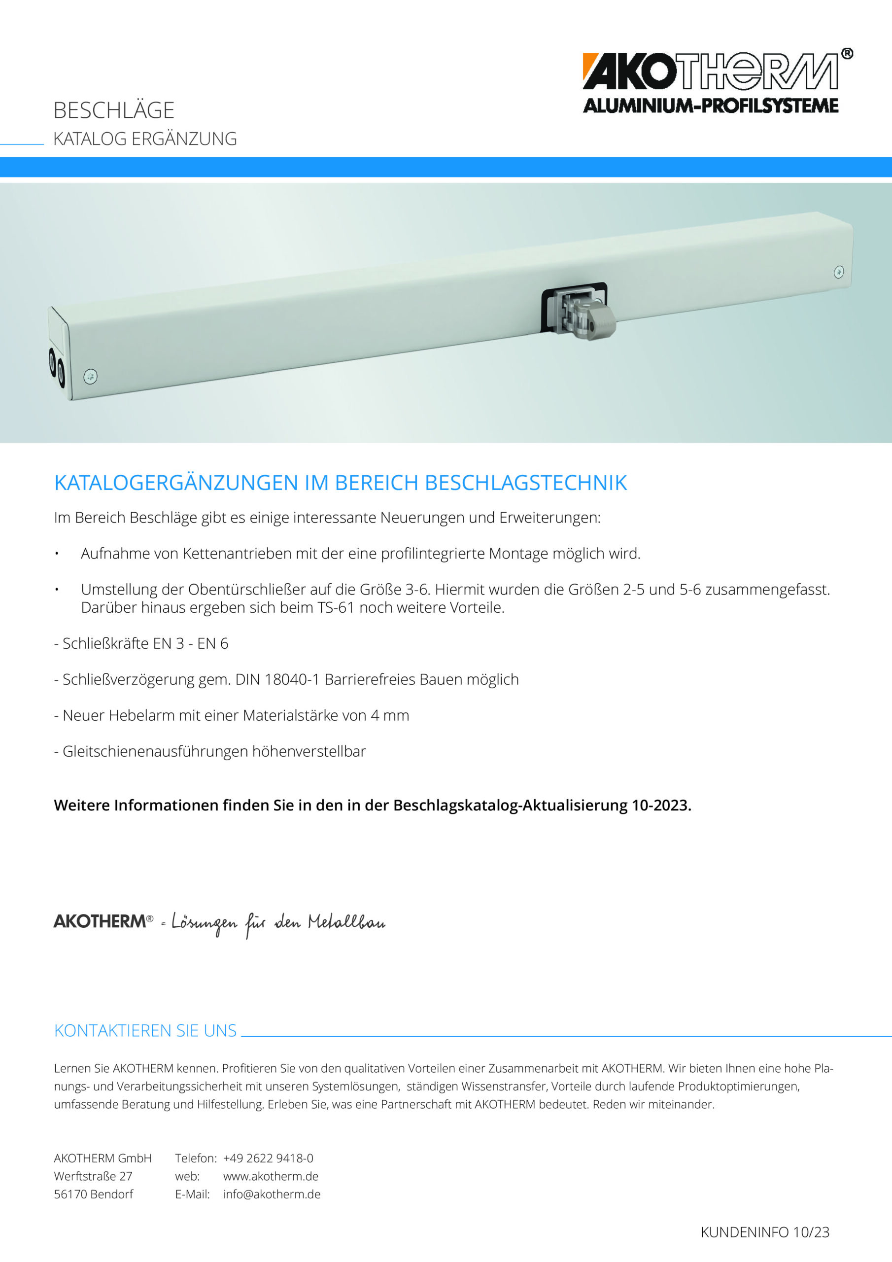 Kundeninfo Aktualisierung Bestellkatalog Beschläge für Fenster und Türen 10-2023